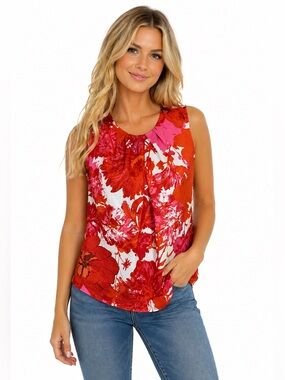 Jones New York Floral Sleeveless Blouse Red Pink White Pleated Neck Top Size 4